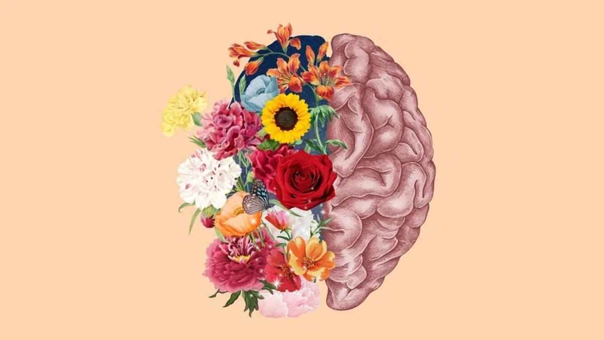 Brain with flowers growing out of the left side as a metaphor for ketamine holding promise for cognitive benefits